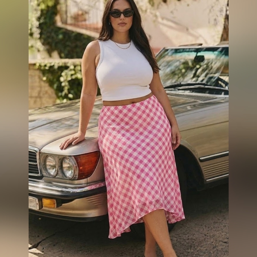 Jessica London Pink Gingham High-Low Maxi Skirt Plus Size 14W